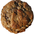 Brown cookie with visible nuts and chocolate chips on a white background