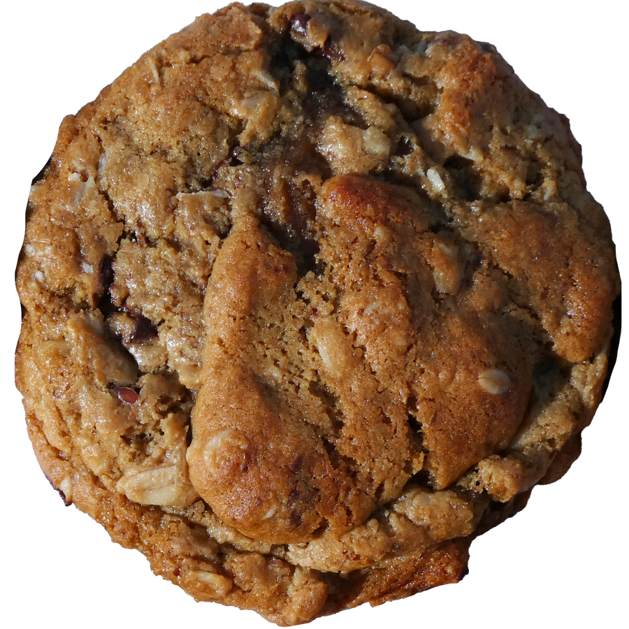 Brown cookie with visible nuts and chocolate chips on a white background